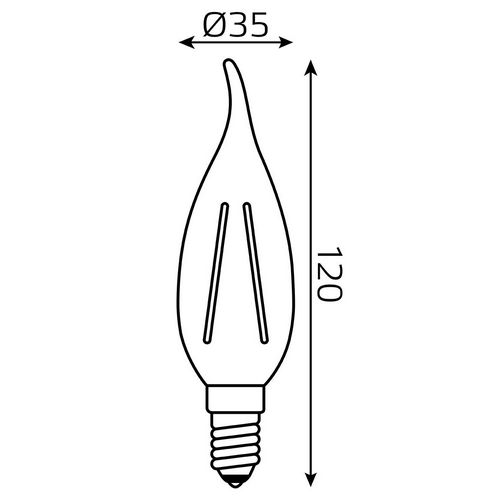 Лампа светодиодная Gauss Black Filament диммируемая прозрачная 35 мм, мощность - 5 Вт, цоколь - E14, световой поток - 450 лм, цветовая температура - 4100 K, нейтральный белый свет, форма - свеча на ветру