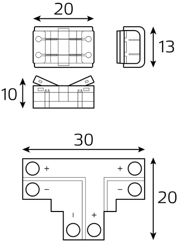 Набор коннекторов Gauss Basic BT400 для светодиодной ленты, ширина ленты - 8-10 мм, Т-образный, 3 клипсы, IP20