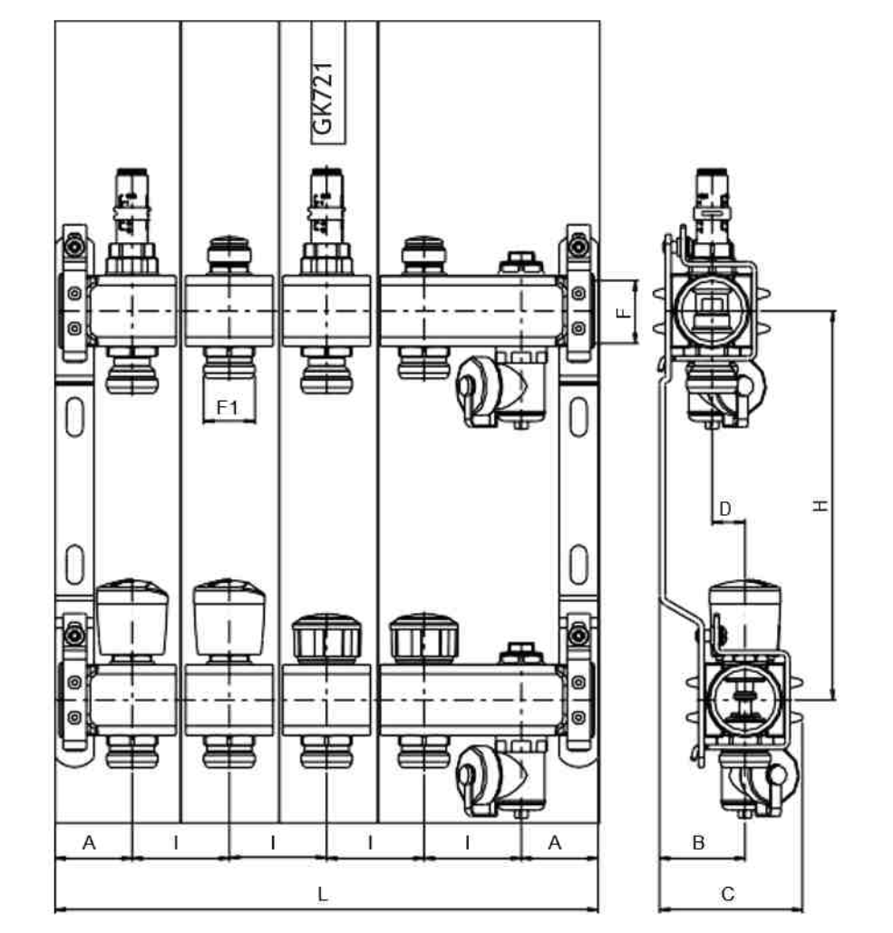 Колекторные группы GEKON GK-721 1″ на 2-12 EU отводов 3/4″ Ру6 с расходомерами, термостатическими клапанами и ручными воздухоотводчиками