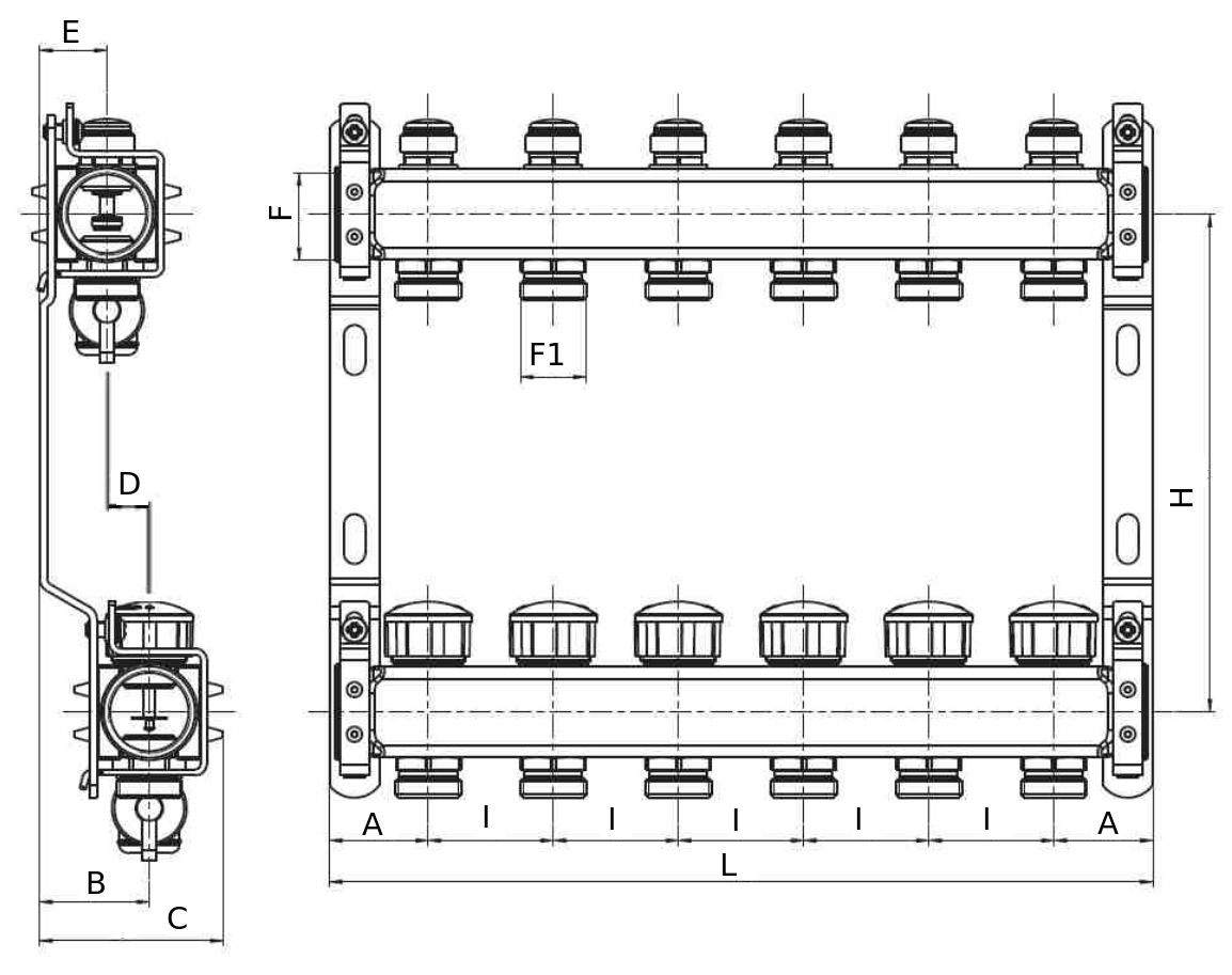 Колекторная группа GEKON GK-751 1″ на 6 EU отводов 3/4″ Ду25Х20 Ру10 с микрометрическими вентилями, термостатическими клапанами без воздухоотводчиков