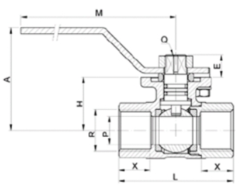 Эскиз Кран шаровой Genebre 3023 08 1 1/2″ Ду40 Ру40 полнопроходной, резьбовой с ISO фланцем для установки пневмо или электропривода