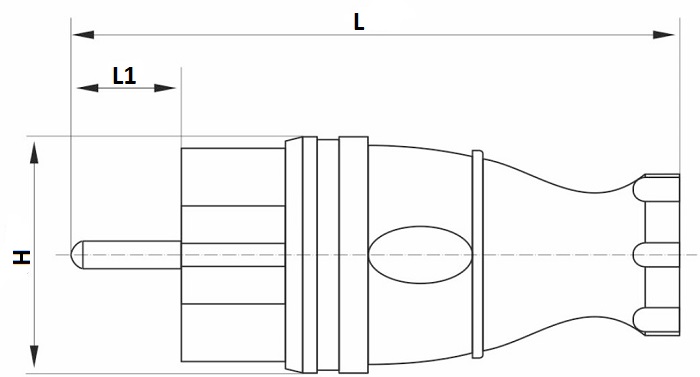 Вилка прямая GENERICA с заземлением, номинальный ток - 16А, степень защиты - IP44, корпус - каучук, цвет - черный