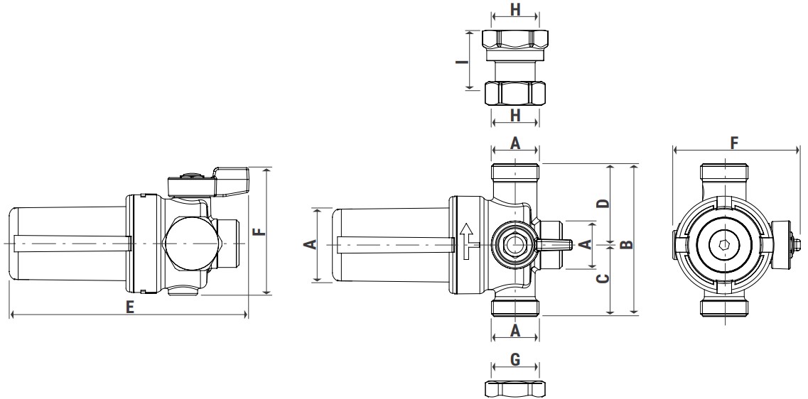 Фильтр магнитный Giacomini R145XC Ду20 Ру3 компактный с шаровым краном и фитингом, латунный хромированный, наружная резьба/накидная гайка