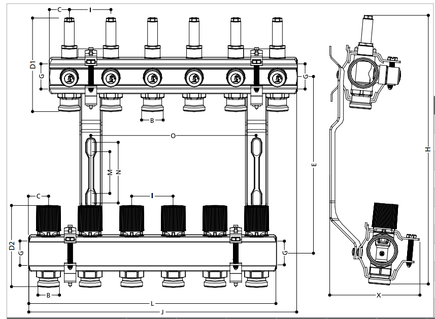 Коллекторная группа GIACOMINI R553F 1″x3/4″x9 Ду25х20 Ру10 со встроенными отсечными/балансировочными клапанами, расходомерами и термостатическими вентилями