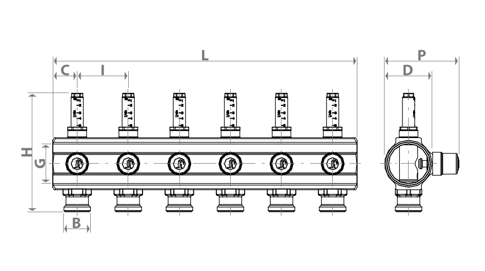 Коллекторы латунные GIACOMINI R553M 1″ Ду25 Ру10 ВР на 2-12 выходов НР под адаптер с базой 18мм межосевое расстояние 50мм с расходомерами и отсечными балансировочными клапанами