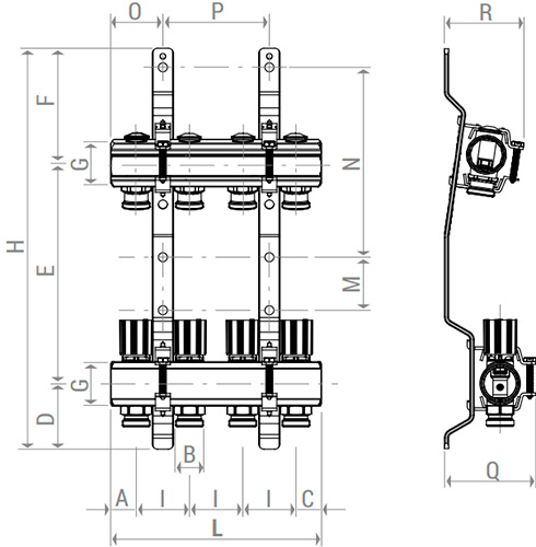 Коллекторная группа Giacomini R553Z 1″x3/4″x6 Ду25 Ру10 сборная, для систем отопления, кронштейны R588Z, R553D, корпус - латунь