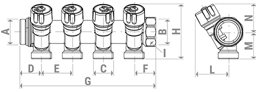 Коллектор сантехнический Giacomini R585CS 1″ Ду25 Ру10 выходов 3x3/4″, с вентилями, межосевое расстояние - 40мм, корпус - латунь, покрытие - никель