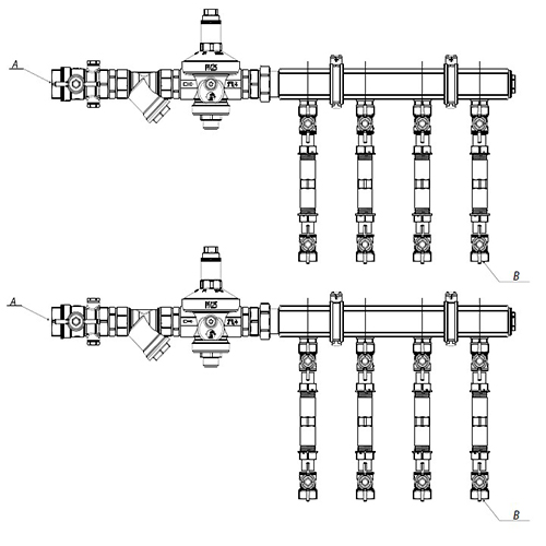 Узлы коллекторные Giacomini GE550-R4 1 1/4″ x 3/4″ Ру10, этажные, 2-12 выходов, корпус - латунь