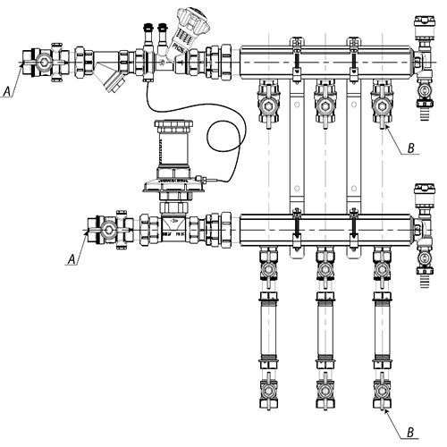 Узлы коллекторные отопления Giacomini GE553-B2 1″x3/4″x2-10 вых. Ду50 Ру10, корпус - латунь, этажные, подключение к системе с балансировочной парой