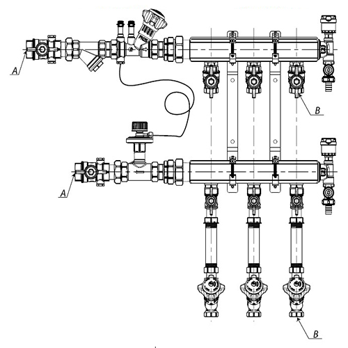 Узлы коллекторные отопления Giacomini GE553-B3 1″x3/4″x2-12 вых. Ду40 Ру10, корпус — латунь, этажные, подключение к системе с балансировочной парой