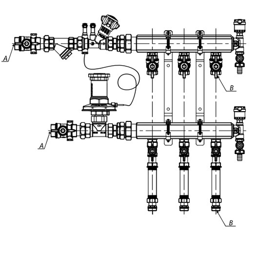 Узлы коллекторные отопления Giacomini GE553-B1 1″x1/2″x2-10 вых. Ду32 Ру10, корпус - латунь, этажные, подключение к системе с балансировочной парой