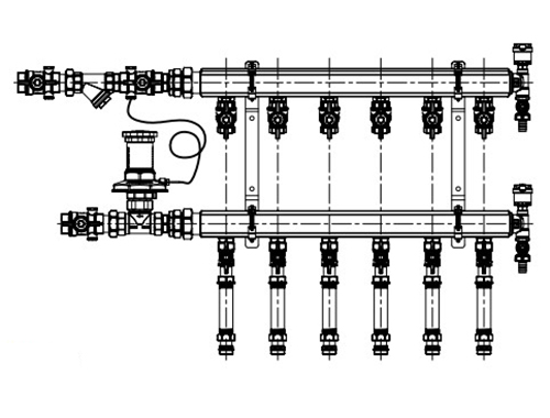 Узел коллекторный отопления Giacomini GE553-B1(D2) 1″ Ду32 Ру10 GE553Y416 6 выходов x3/4″, корпус - латунь, этажный, подключение к системе с регулятором перепада давления