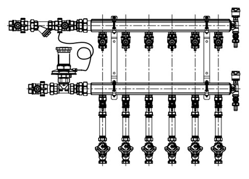 Узлы коллекторные отопления Giacomini GE553-B3(D2) 1″x1/2″x4-8 вых. Ду32 Ру10, корпус — латунь, этажные, подключение к системе с регулятором перепада давления