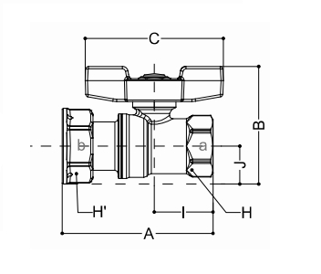 Эскиз Кран шаровой Giacomini R251Р 1/2″ Ду15х20 Ру42 полнопроходной, хромированный, внутренняя резьба, ручка-бабочка, с накидной гайкой для счетчиков (R251PX003)