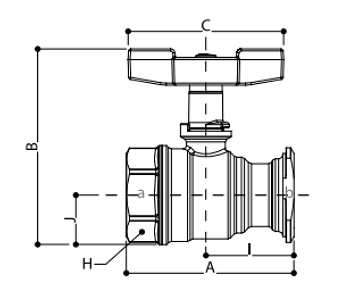Эскиз Кран шаровой Giacomini R285 1 1/4″ Ду32x50 Ру35 стандартнопроходной, латунный, внутренняя резьба/фланец, ручка-бабочка на удлиненном стержне с выводом для насоса (R285Y003)