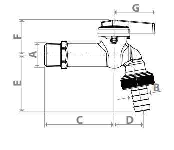 Эскиз Кран шаровой водоразборный Giacomini R619 1/2″ Ду15 Ру10 стандартнопроходной, хромированный, ручка-флажок, сливной со штуцером для шланга (R619IX103)