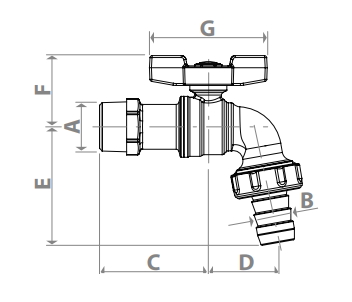 Эскиз Кран шаровой водоразборный Giacomini R620 1/2″ Ду15 Ру10 стандартнопроходной, хромированный, ручка-бабочка, сливной со штуцером для шланга (R620X003)