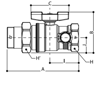 Эскиз Кран шаровой со спускным устройством Giacomini R919S 1 1/4″ Ду32 Ру35 полнопроходной, резьбовой, никелированный, внутренняя/наружная резьба, ручка-бабочка, с отводом (R919SX009)