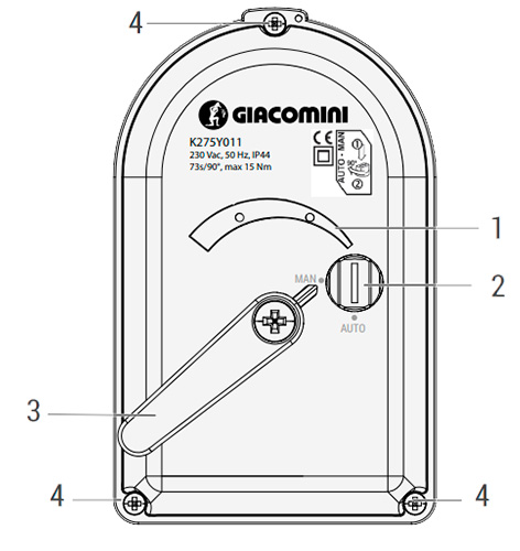 Электропривод Giacomini K275-1, для смесительных клапанов R296 и R297, трехпозиционный, крутящий момент - 15Нм, угол поворота - 90°, напряжение - 230В