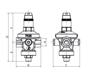 Эскиз Регулятор давления бытовой Giacomini R153M 1 1/4″ Ду32 Ру25 внутренняя резьба, латунный, мембранный, с выходом под манометр,  Рн = 1,5 - 7 бар (R153MY006)