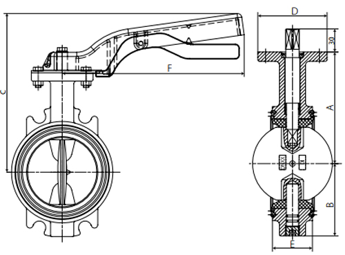 Затвор дисковый поворотный Giacomini R59FLY Ду40 Ру16, межфланцевый, корпус - чугун, диск - нержавеющая сталь, уплотнение - EPDM, управление - рукоятка