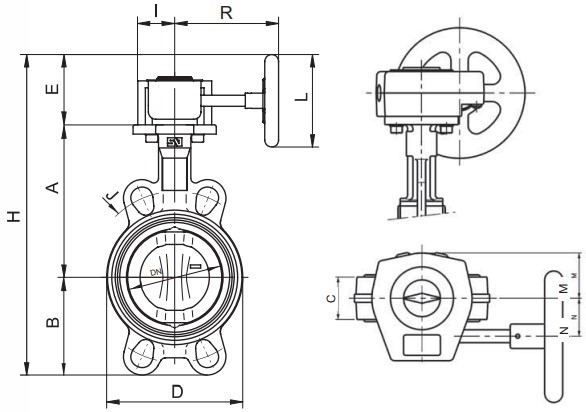 Затвор дисковый поворотный Гранвэл ЗПТЛ-FLN(W)-5-450-MDV-HT Ду450 Ру16, тип присоединения -  межфланцевый с редуктором, корпус - высокопрочный чугун, диск - нержавеющая сталь