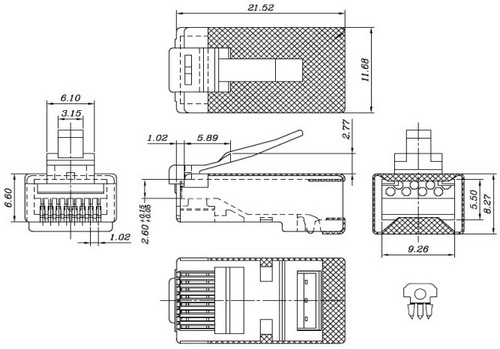 Разъем Hyperline PLUG-8P8C-UV-C6-SH-100 RJ45 (8P8C) экранированный, под витую пару, категория 6 (50 µ″/ 50 микродюймов), со вставкой, упаковка - 100шт