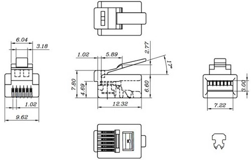 Разъем Hyperline PLUG-6P6C-P-C2-100 RJ-12(6P6C) телефонный, неэкранированный, 3 µ″/ 3 микродюйма, без вставки, упаковка - 100шт