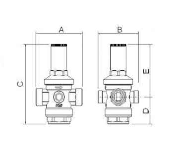 Эскиз Регулятор давления бытовой Icma 246 2″ Ду50 Ру25 внутренняя резьба, латунный, поршневой, с выходом под манометр, Рн = 1 - 6 бар (91246AJ05)