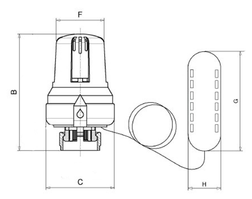 Теромостатическая головка Icma 990 Ру10 с диапазоном регулировки 0-28 °C, присоединительная резьба М30х1.5, с выносным датчиком, длина трубки 2 м