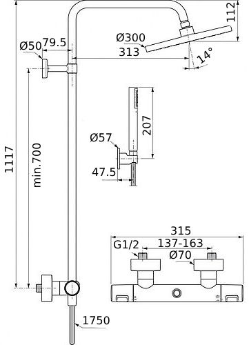 Система душевая Ideal Standard CERATHERM T25 BC748XG с термостатическим смесителем