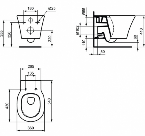 Унитаз подвесной Ideal Standard Connect Air с технологией Rimless, белый (арматура, дюропластовое сиденье с функцией мягкого закрывания, горизонтальный выпуск, глубокий смыв, безободковый)