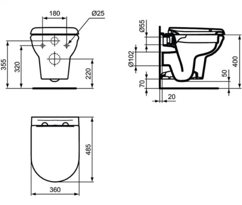 Унитазы подвесные Ideal Standard Exacto (арматура, сиденье, горизонтальный выпуск)