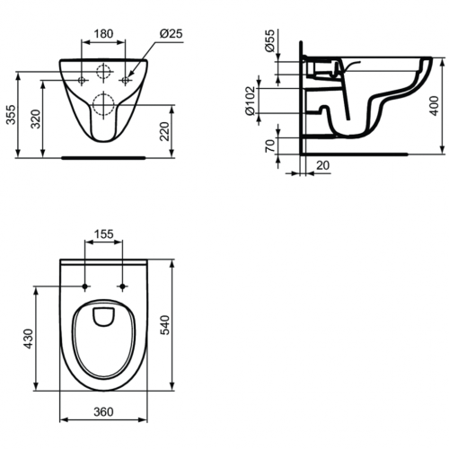 Унитаз подвесной Ideal Standard I,life A с технологией Rimless, белый (горизонтальный выпуск, глубокий смыв, без сиденья, овальная форма)