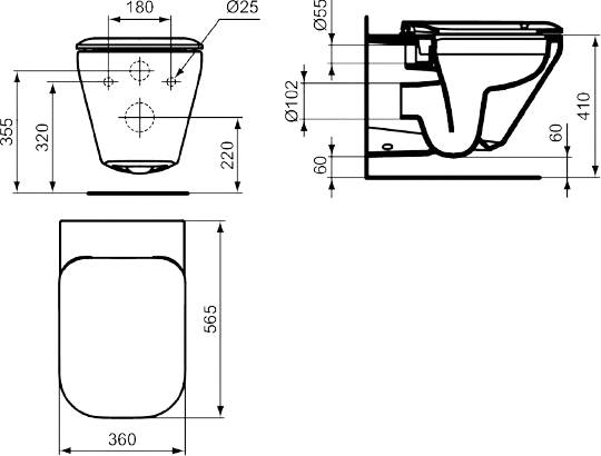 Унитаз подвесной Ideal Standard Tonic II с технологией Rimless белый (сиденье - дюропласт, микролифт с функцией мягкого закрывания, горизонтальный выпуск)