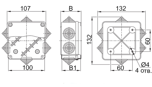 Коробка распаячная IEK для открытой проводки 100x100x50 мм, IP55, корпус - полистирол, 6 гермовводов, с откидной крышкой, цвет - черный