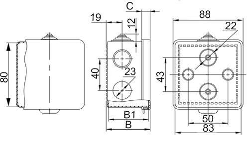 Коробка распаячная IEK для открытой проводки 80x80x50 мм, IP54, корпус - полистирол, 7 гермовводов, с откидной крышкой, цвет - серый