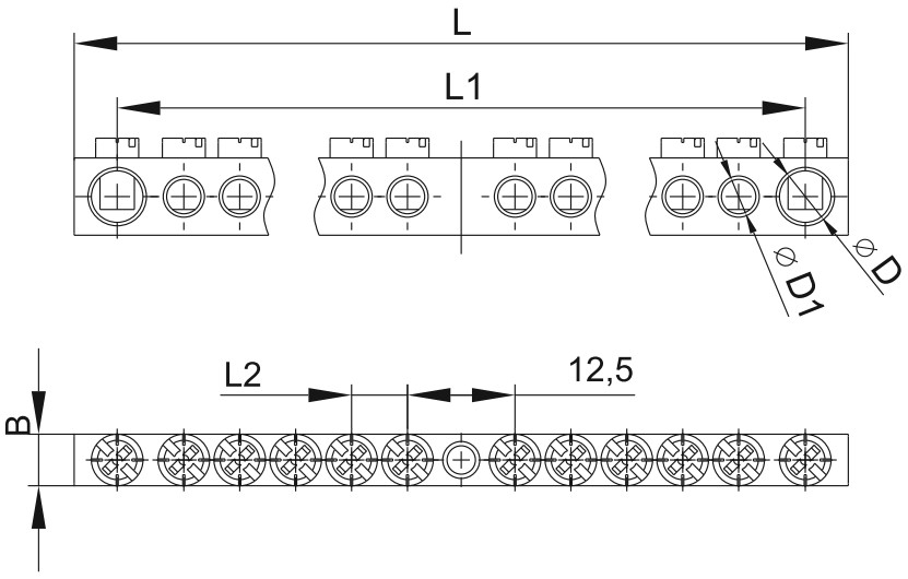 Шина нулевая с заземлением (ШНЗ) IEK PEN 14/1 8х12мм 125А, 14 соединений крепеж по центру