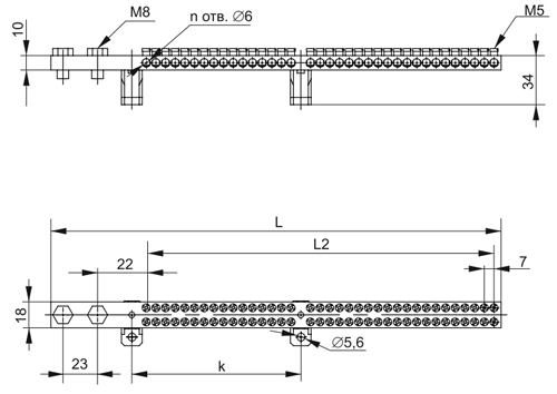 Шина нулевая IEK 10x18-60 изолированная (ШНИ), с двумя серыми угловыми изоляторами на DIN-рейку, 60 отверстий, латунь