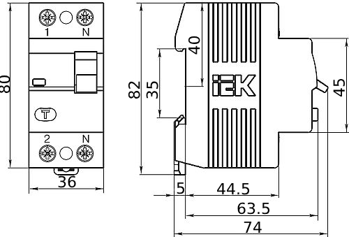 УЗО двухполюсное IEK ВД1-63 2P 50А 30мА тип AC, номинальный ток 50А, ток утечки 30мА переменный