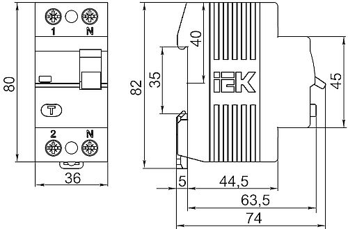 УЗО двухполюсное IEK ВД1-63 2P 16А 30мА тип A, номинальный ток 16А, ток утечки 30мА переменный