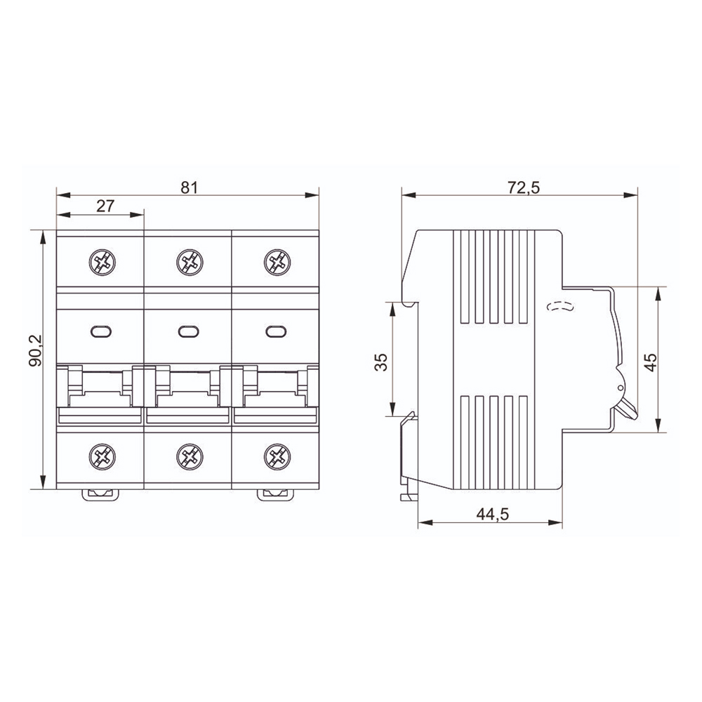 Автоматический выключатель модульный трехполюсный IEK KARAT ВА47-100MA 3P (D) 125А 10кА, сила тока 125А, тип расцепителя D, отключающая способность 10кА MVA43-3-125-D