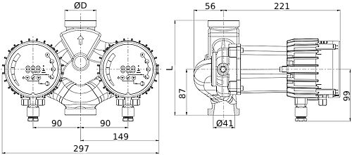 Насос циркуляционный IMP PUMPS NMTD SMART C 32/80-180 Ду32 Ру10 сдвоенный, центробежный, поверхностный, производительность - 12.3 м3/ч, напор - 8.4 м, мощность - 0.15 кВт, 230 В, присоединение - резьбовое, материал корпуса - чугун