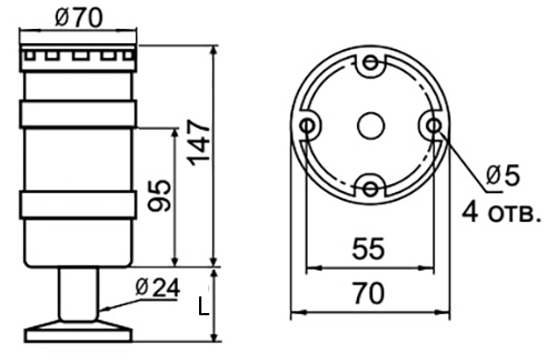 Колонна светосигнальная INNOCONT TL70B-024-R-55 диаметр - 70мм, постоянное свечение, с зуммером, цвет - красный, 24В, IP65