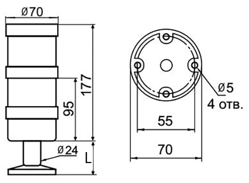 Колонна светосигнальная INNOCONT TL70-220-RG-55 диаметр - 70мм, постоянное свечение, без зуммера, цвет - красный/зеленый, 220В, IP65