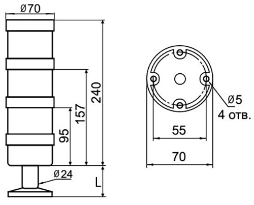 Колонна светосигнальная INNOCONT TL70B-024-RYG-55 диаметр - 70мм, постоянное свечение, с зуммером, цвет - красный/желтый/зеленый, 24В, IP65