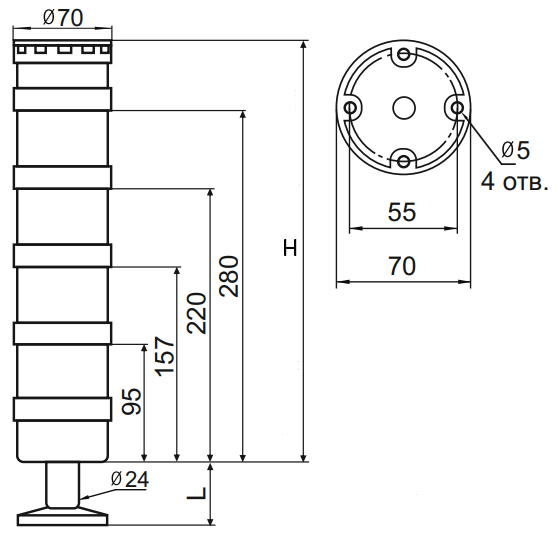 Колонна светосигнальная INNOCONT TL70-024-RBBBG-55 диаметр - 70мм, постоянное свечение, без зуммера, цвет - красный/синий/синий/синий/зеленый, 24В, IP65