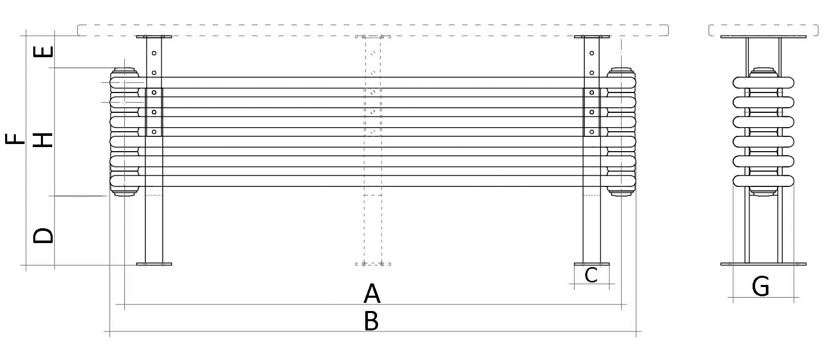 Радиаторы-скамейки стальные трубчатые IRSAP Tesi 4 Bench длина 1202 мм, горизонтальные, 4 -7 секций, присоединение резьбовое - 1/2″, подключение - боковое T02, цвет - белый