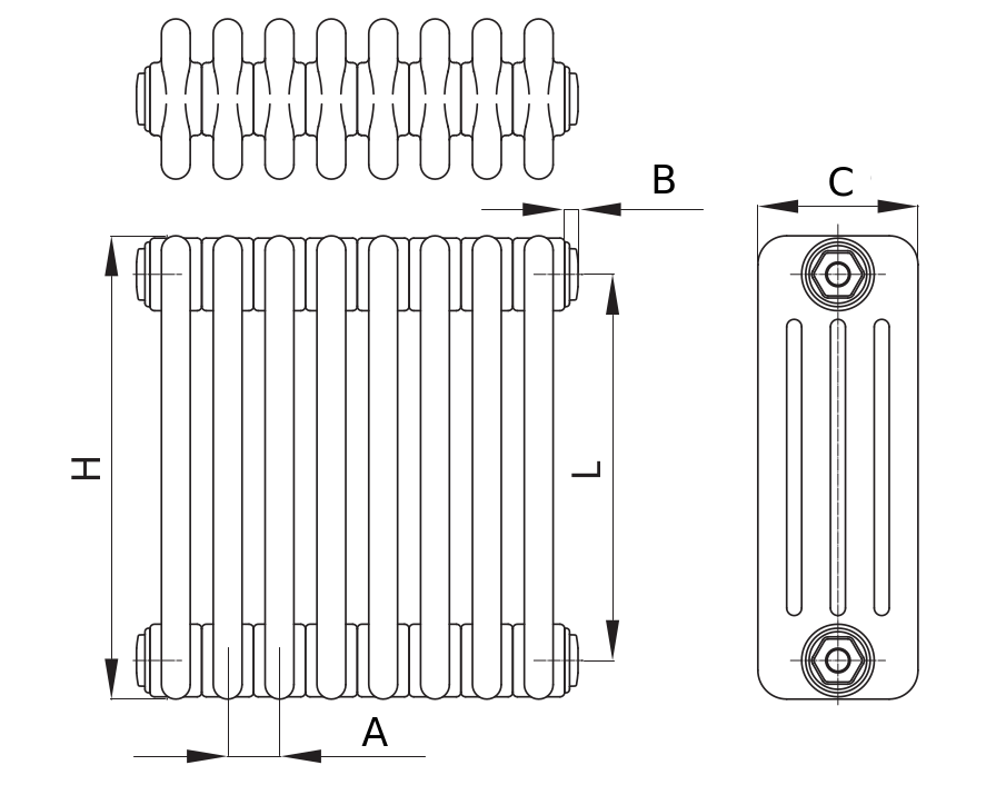 Радиаторы стальные трубчатые IRSAP Tesi 4 высота 550 мм, 40 секций, присоединение резьбовое - 1/2″, подключение - нижнее по центру Т50, теплоотдача 3695 Вт, цвет – графитово-черный