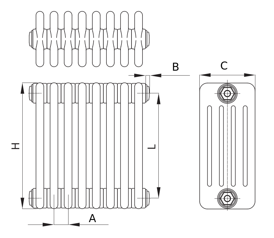 Радиатор стальной трубчатый IRSAP Tesi 5 высота 600 мм, 32 секций, присоединение резьбовое – 1/2″, подключение - нижнее по центру Т52, со встроенным вентилем сверху, теплоотдача 3905 Вт, цвет – белый